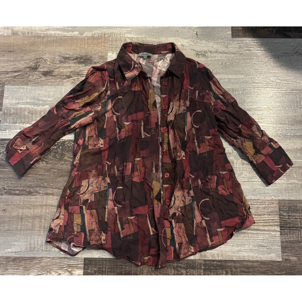 Shana Womens Abstract Geometric Print Button Down Blouse Back Zip Burgundy Med